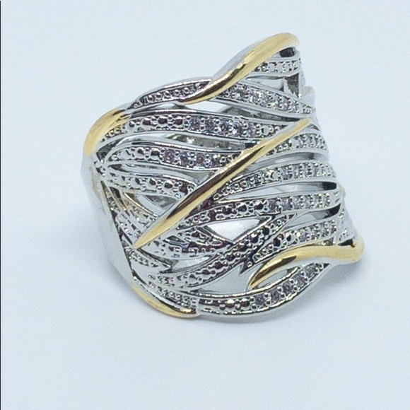 Silver Wide Band White Sapphire Gold Ring - Picture 14 of 16